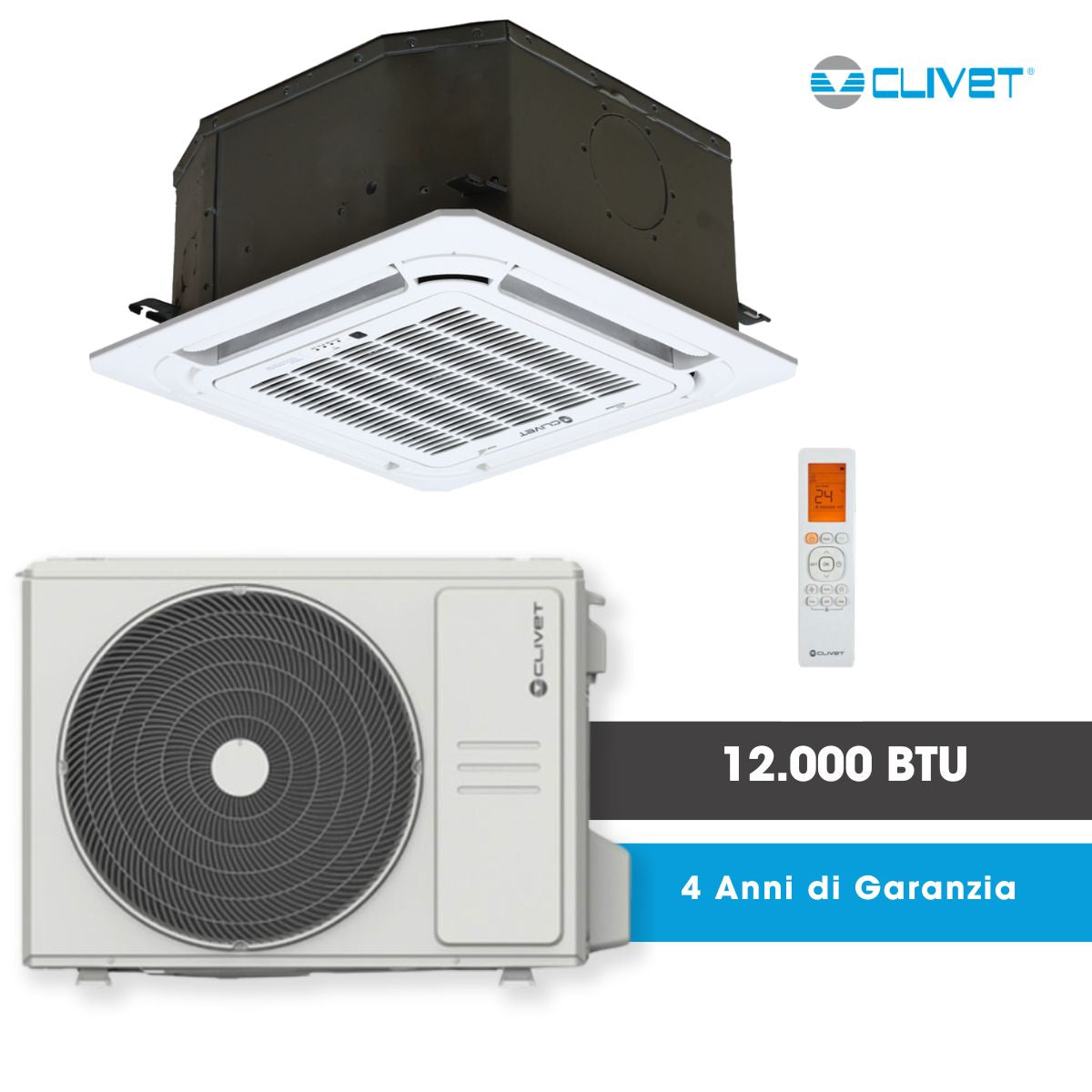 Climatizzatore a Cassetta 4 VIE BOX 2 60x60 Clivet 3,5KW 12000 btu Inverter A++/A+ R32 4 ANNI DI GARANZIA IB3-XY35M/MC3-Y35M COMPLETO DI PANNELLO